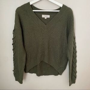 No Comment Sweater V-Neck Casual Olive Green Knit Neutral Cozy Trendy Lace Up